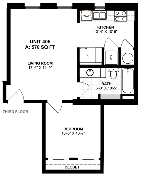 Floor plan for 1 bed, 1 bath, 570 sqft